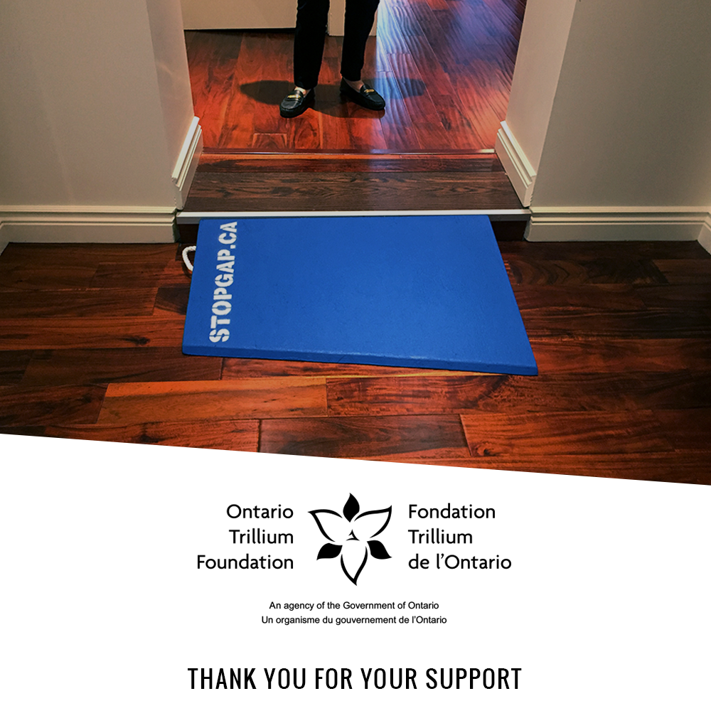 A graphic with a photo of a blue StopGap ramp in front of an indoor step. The Ontario Trillium Foundation logo is below the photo of the ramp. Underneath the logo, text reads “thank you for your support”.
