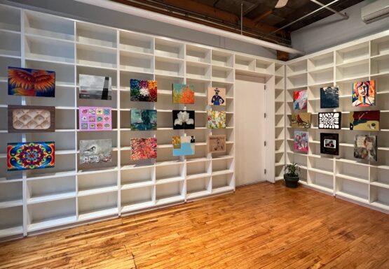A photo of Tangled Art Gallery's library space for Ramp Up 2023. 24 ramp-shaped art canvases hang on the library shelves. On the left side of the space, there are 3 rows of art ramps with 5 art ramps in each row. On the right side, there are 3 rows of art ramps with 3 art ramps in each row. Each art ramp is made by a different artist with varying mediums and subject matter. 